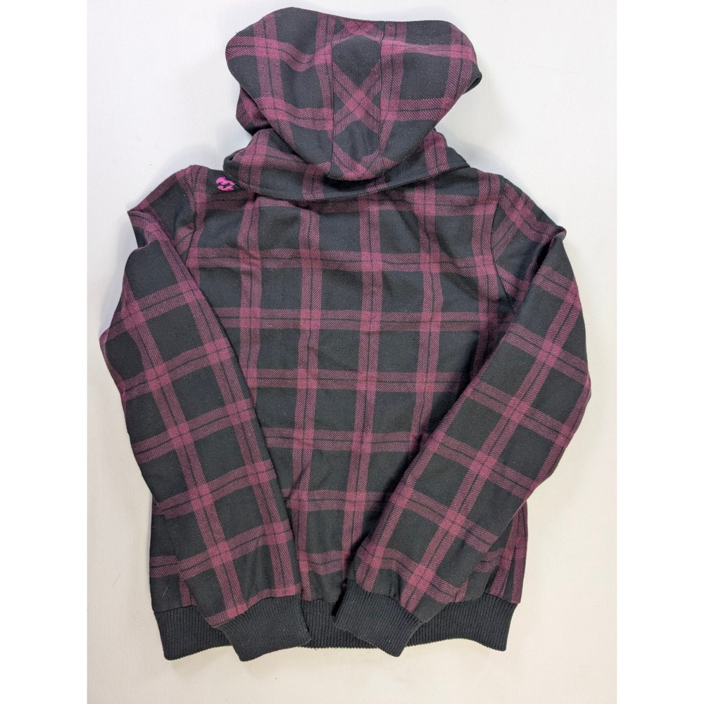 Billabong Womens Plaid Double Breasted Hooded Jacket Burgundy Black Pea Coat L - Picture 2 of 9
